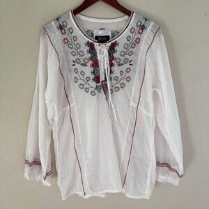 JOHNNY WAS Biya White Burgundy & Grey Embroidered Peasant Top: Medium: NWOT!